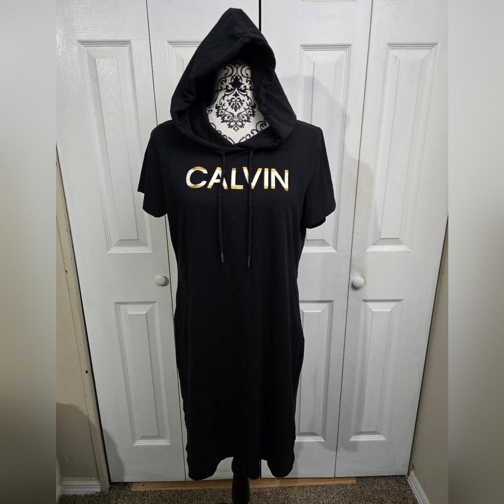 Calvin Klein Glitter Logo Hooded Stretch Short Sleeve T-Shirt Dress Size Large